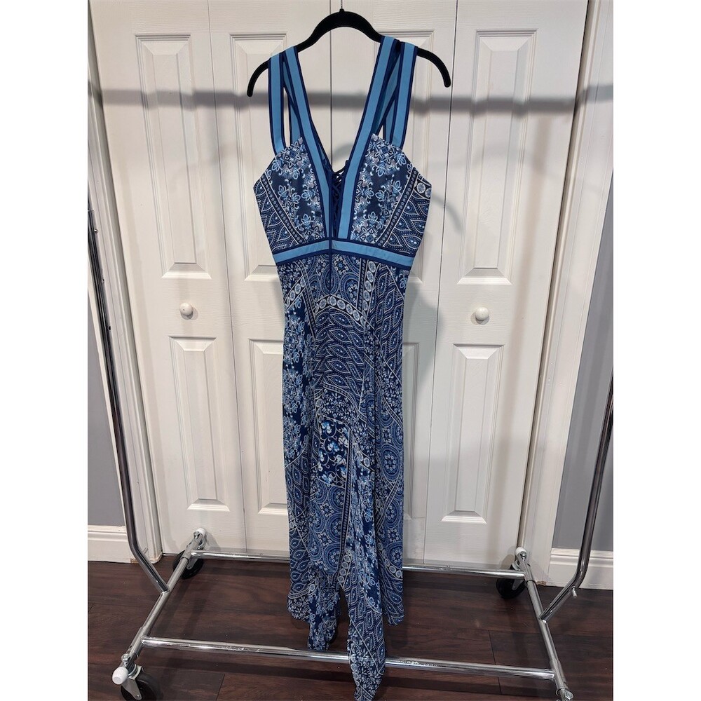 BCBGMAXAZRIA Dress Womens Size 6 Blue Paisley Boho Maxi Lace-Up Sleeveless